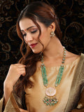Ruby Raang Gold Polished Green Long Kundan And Stonework Necklace With Earrings | Grocsy