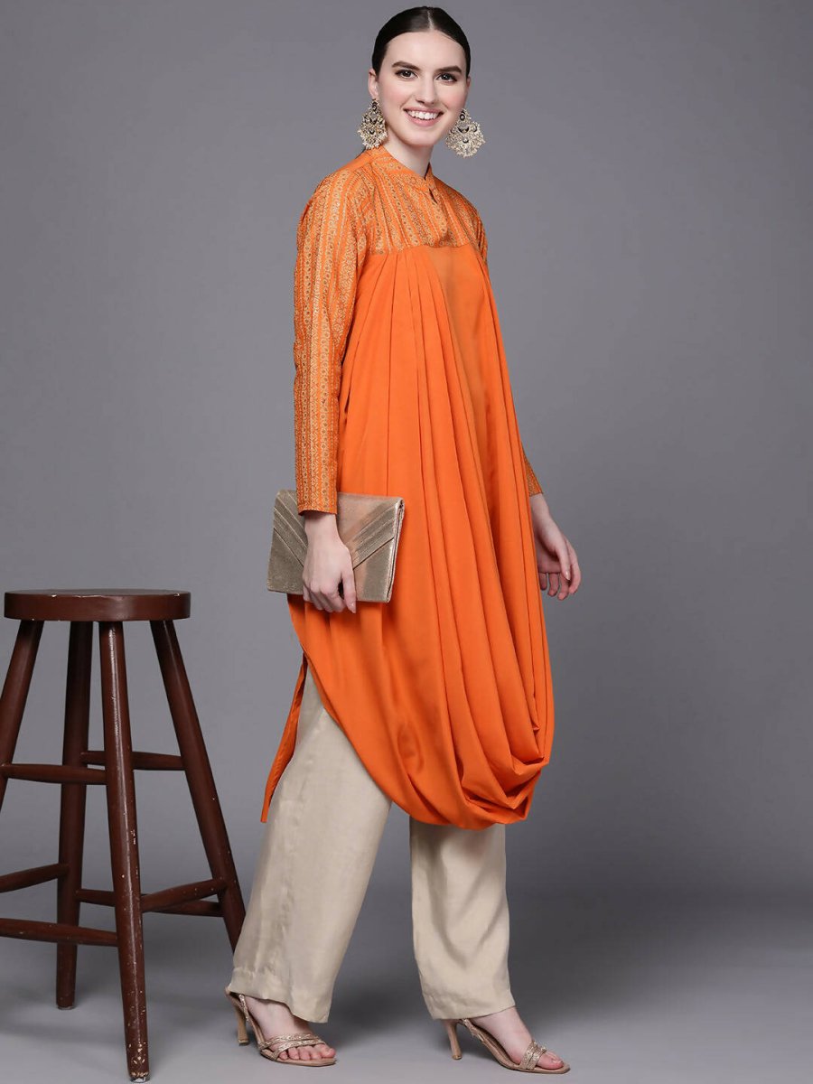 Ahalyaa Women Orange Ethnic Motifs Printed Crepe Cowl Kurta | Grocsy