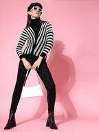 Women Black Acrylic Stripe Cardigan - Wool Trees | Grocsy