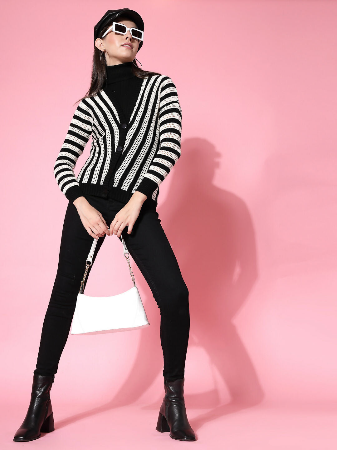 Women Black Acrylic Stripe Cardigan - Wool Trees | Grocsy
