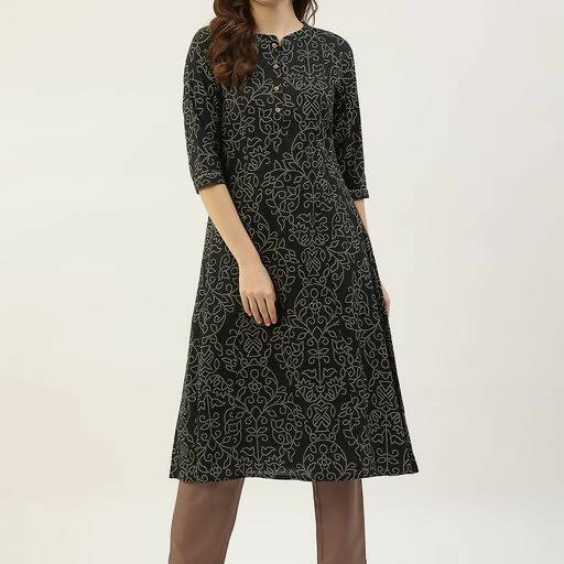 FIORRA Women's Black Printed Flared Cotton Kurta | Grocsy