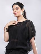 BohoJazz Signature Mul Two Layer Blouson Kimono Top with Motif - Black | Grocsy