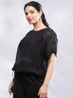 BohoJazz Signature Mul Two Layer Blouson Kimono Top with Motif - Black | Grocsy