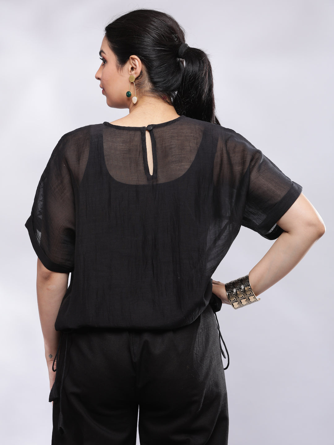 BohoJazz Signature Mul Two Layer Blouson Kimono Top with Motif - Black | Grocsy
