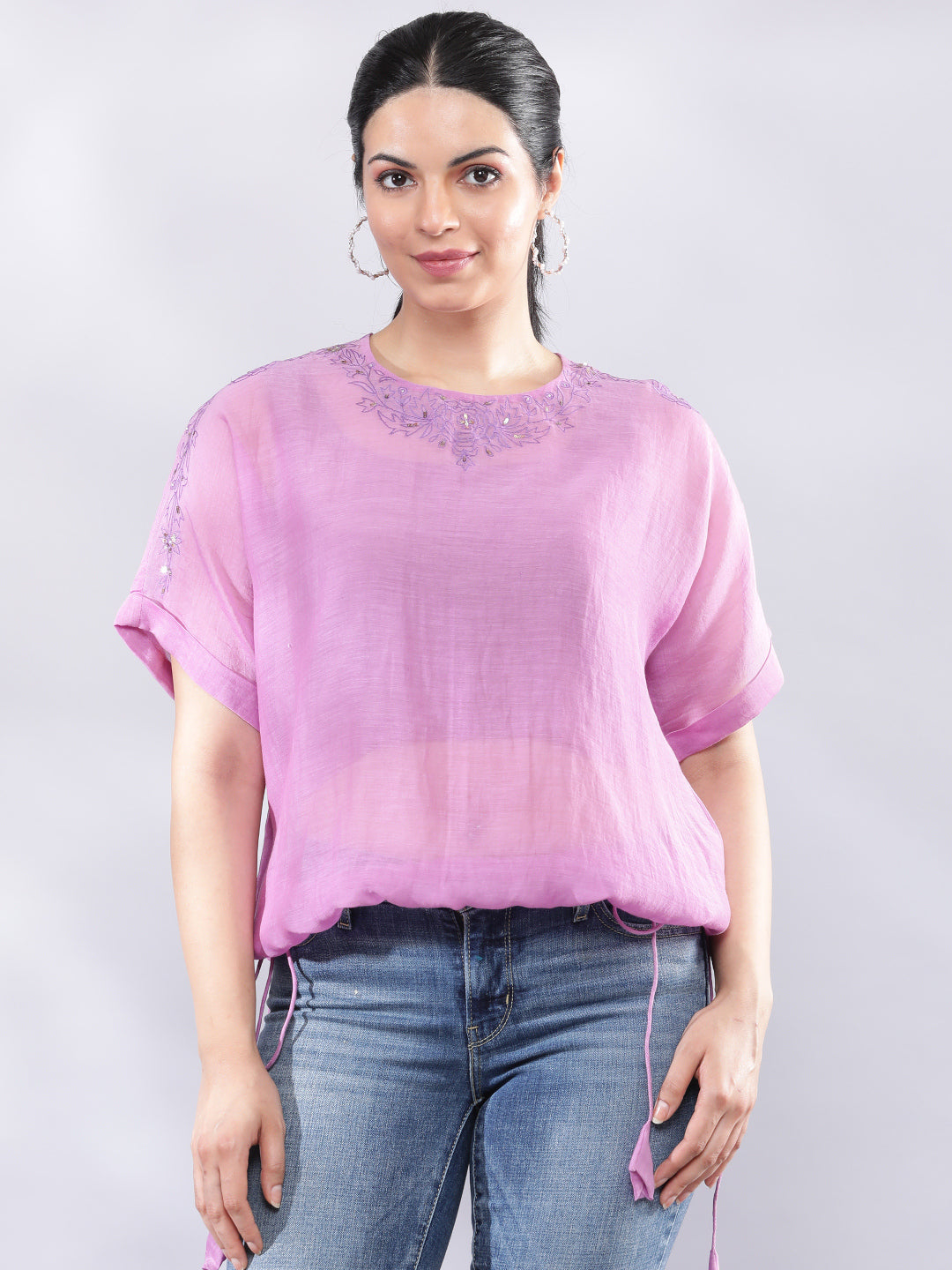 BohoJazz Signature Mul Two Layer Blouson Kimono Top with Motif - Purple | Grocsy