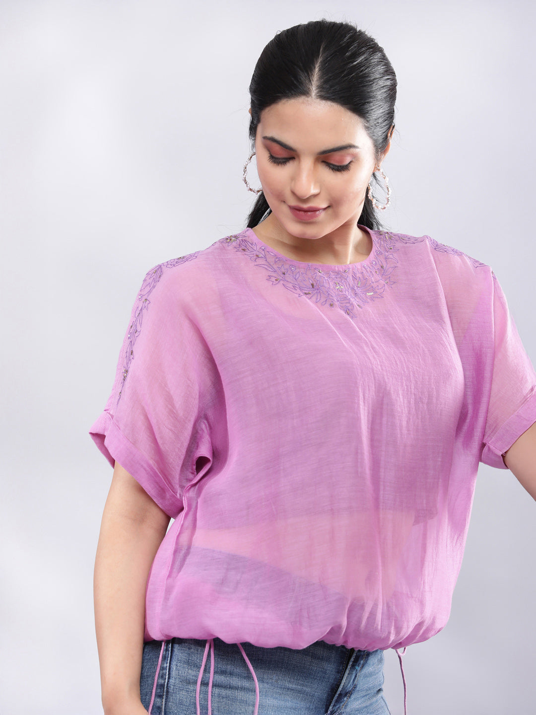 BohoJazz Signature Mul Two Layer Blouson Kimono Top with Motif - Purple | Grocsy