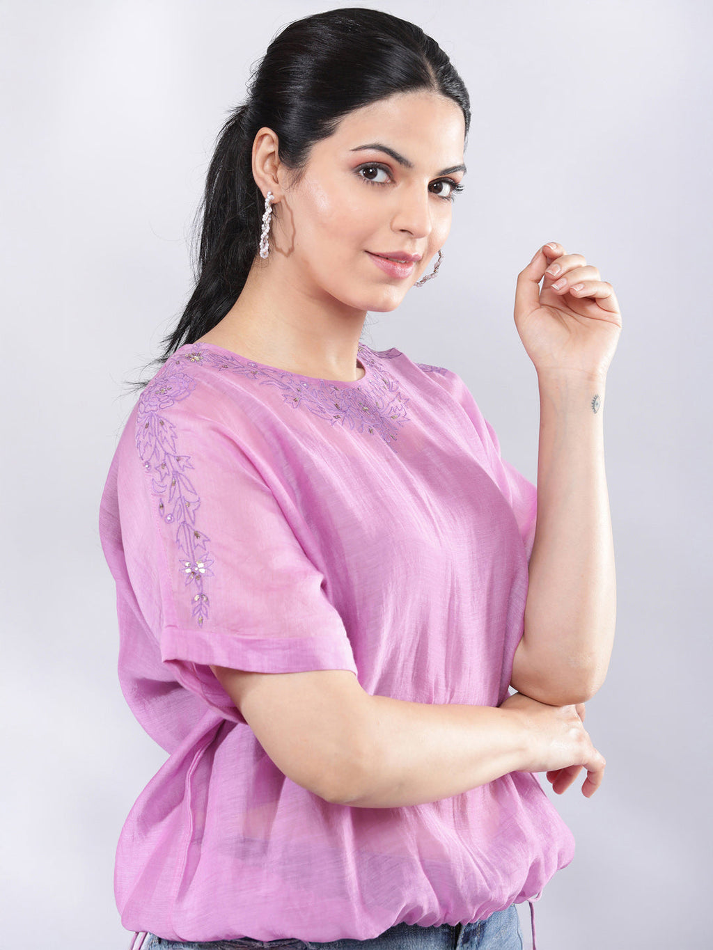 BohoJazz Signature Mul Two Layer Blouson Kimono Top with Motif - Purple | Grocsy