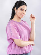 BohoJazz Signature Mul Two Layer Blouson Kimono Top with Motif - Purple | Grocsy