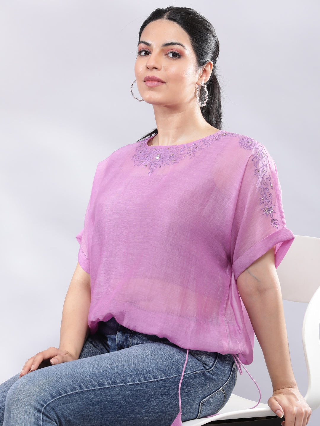 BohoJazz Signature Mul Two Layer Blouson Kimono Top with Motif - Purple | Grocsy