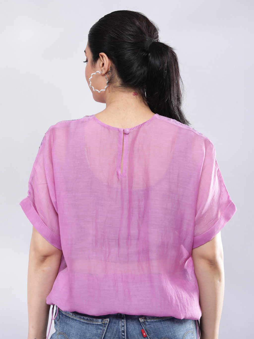 BohoJazz Signature Mul Two Layer Blouson Kimono Top with Motif - Purple | Grocsy