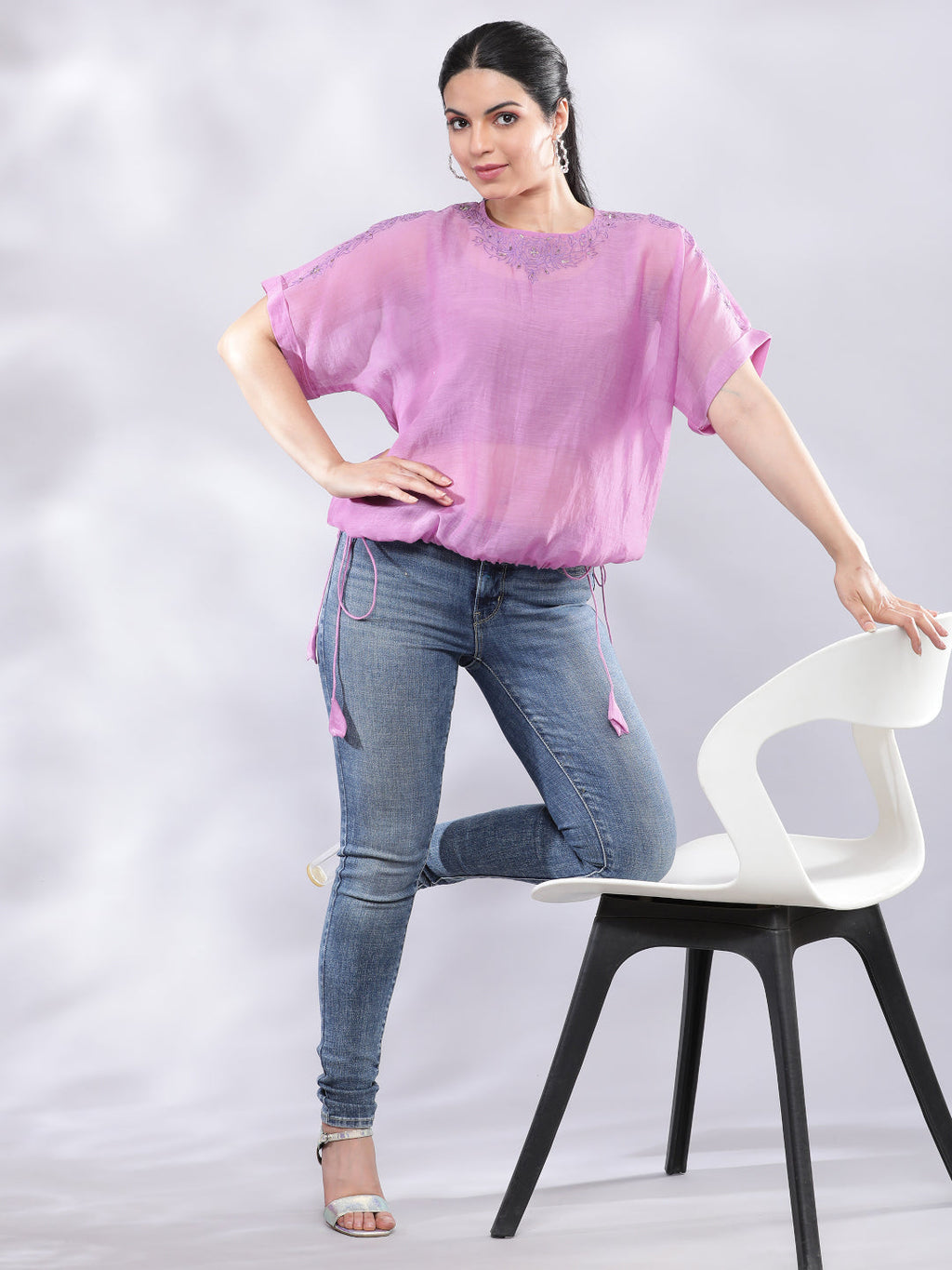 BohoJazz Signature Mul Two Layer Blouson Kimono Top with Motif - Purple | Grocsy