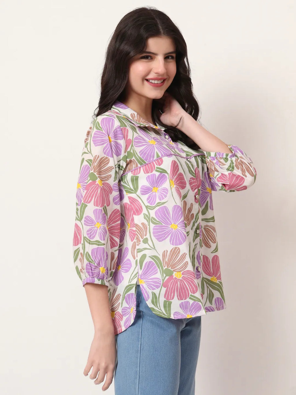 Yufta Multi Cotton Mandarin Collar Shrit Style Top | Grocsy