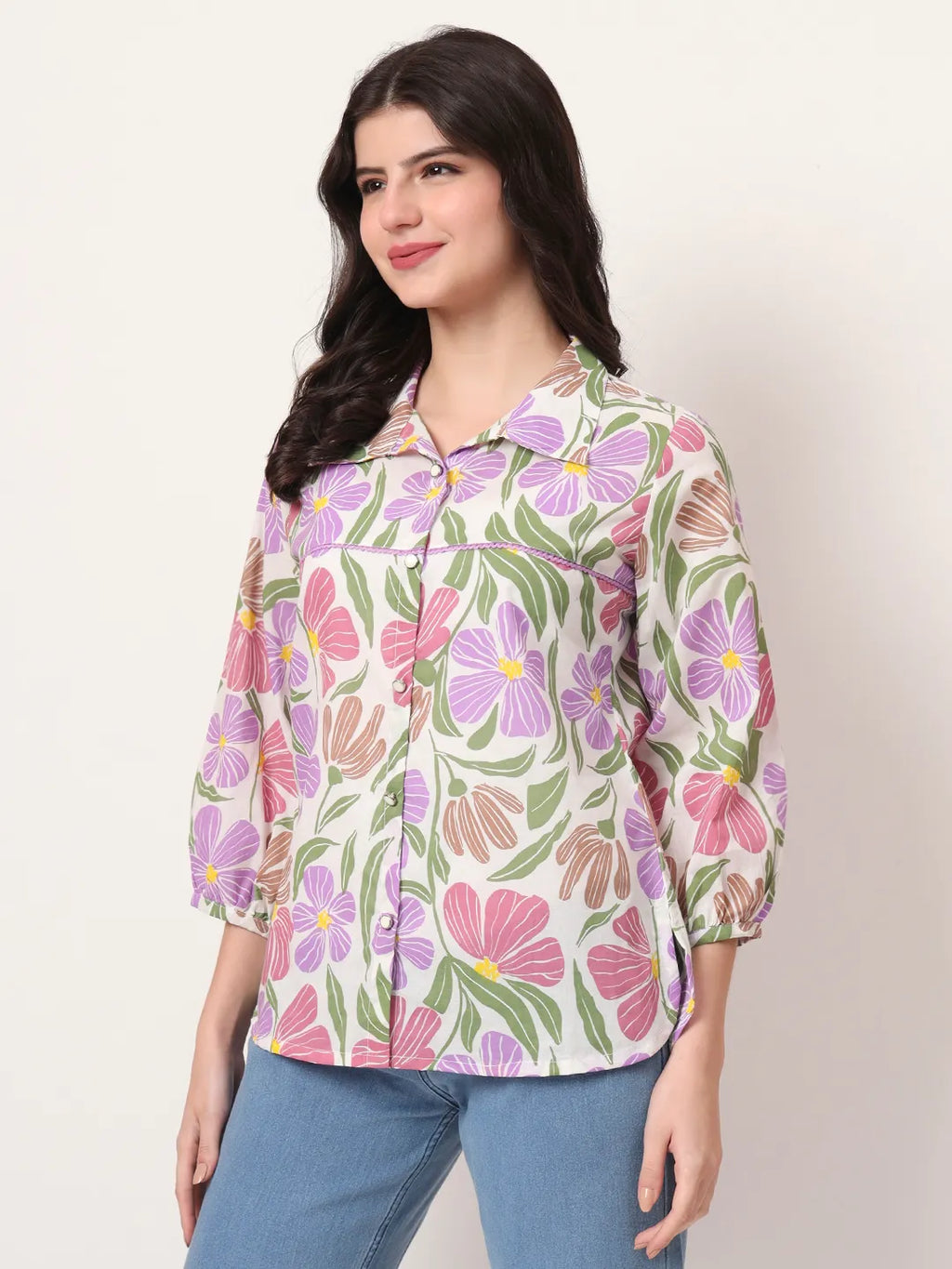 Yufta Multi Cotton Mandarin Collar Shrit Style Top | Grocsy