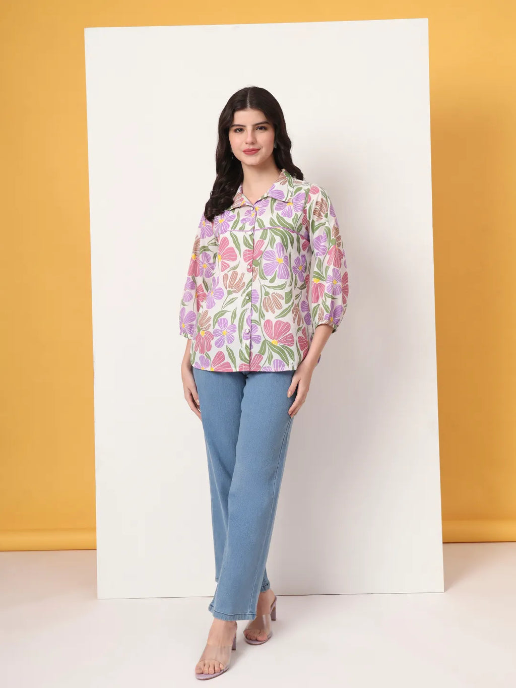 Yufta Multi Cotton Mandarin Collar Shrit Style Top | Grocsy