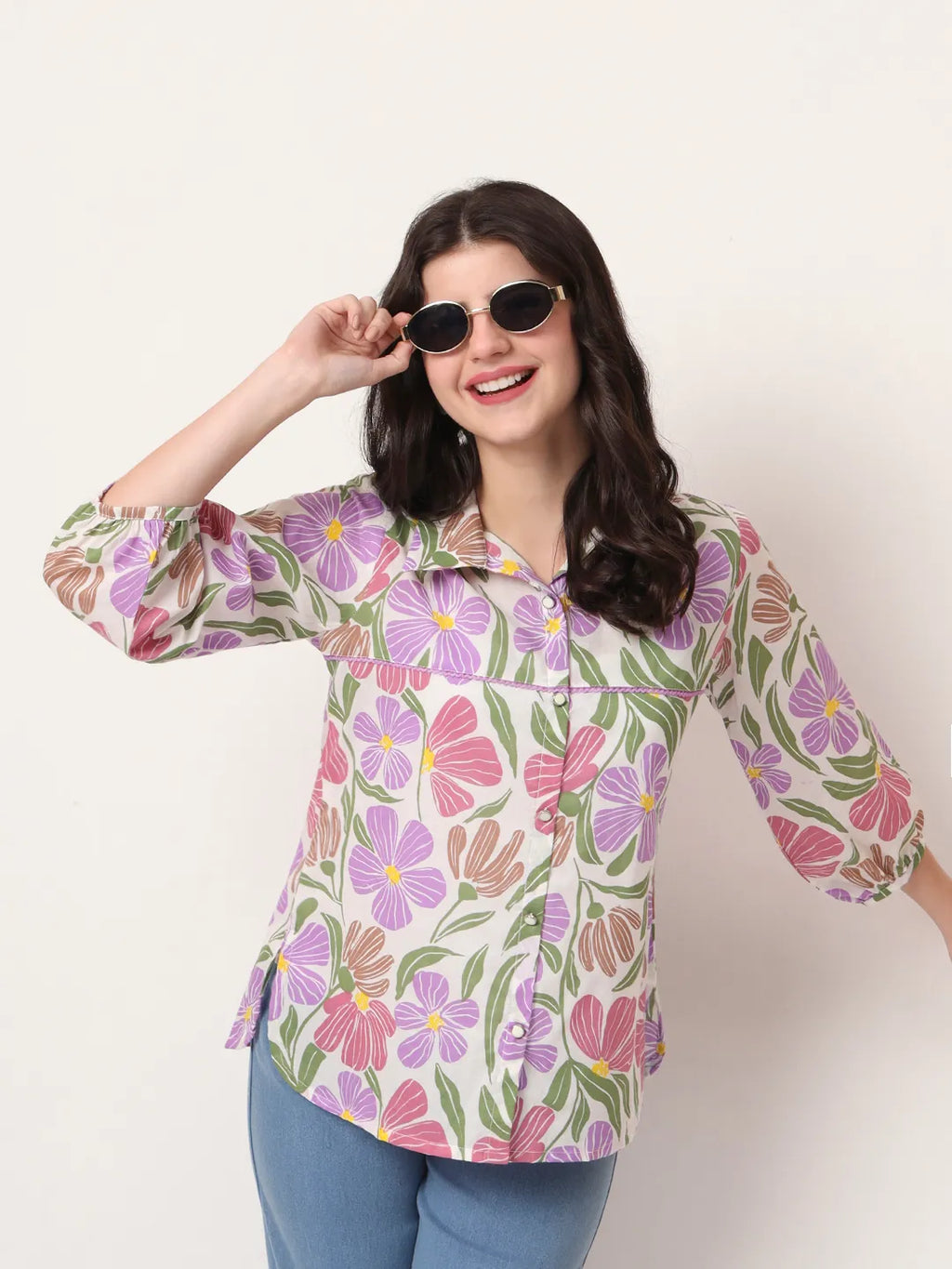 Yufta Multi Cotton Mandarin Collar Shrit Style Top | Grocsy