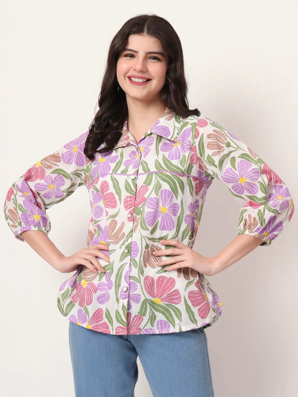 Yufta Multi Cotton Mandarin Collar Shrit Style Top | Grocsy