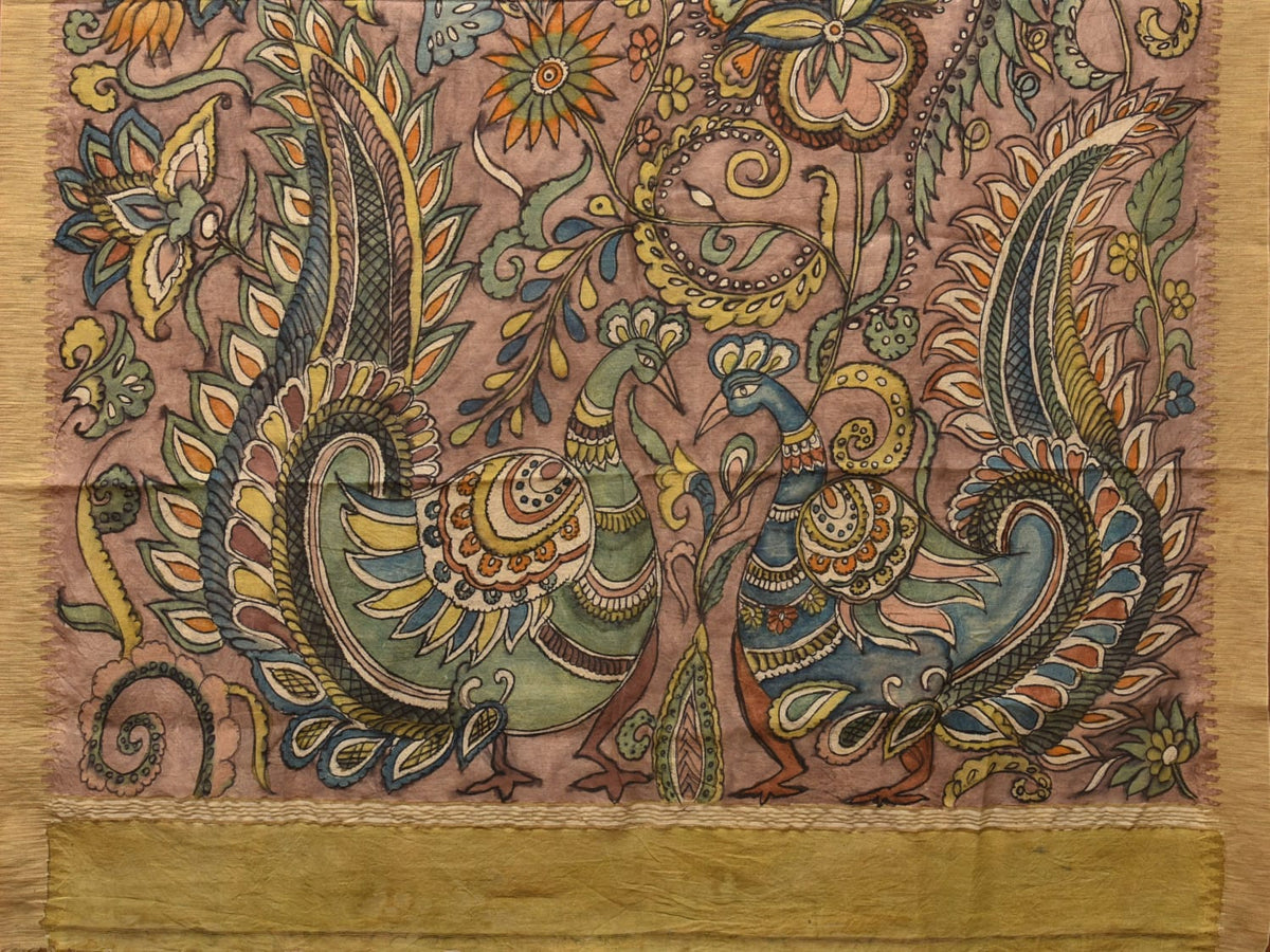 Multicolor Kalamkari Hand Painted Cotton Silk Handloom Saree With Exotic Floral and Peacocks Pallu Design - Global Threads | Grocsy
