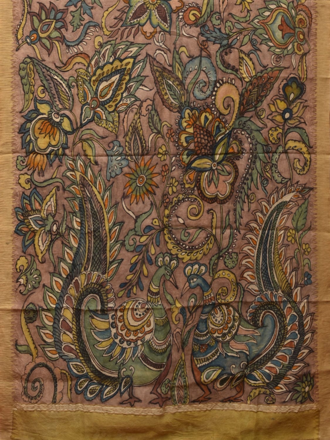 Multicolor Kalamkari Hand Painted Cotton Silk Handloom Saree With Exotic Floral and Peacocks Pallu Design - Global Threads | Grocsy