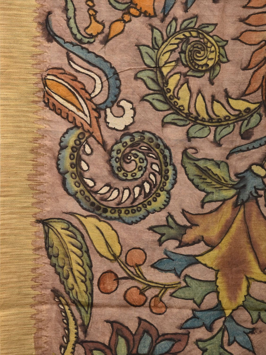 Multicolor Kalamkari Hand Painted Cotton Silk Handloom Saree With Exotic Floral and Peacocks Pallu Design - Global Threads | Grocsy