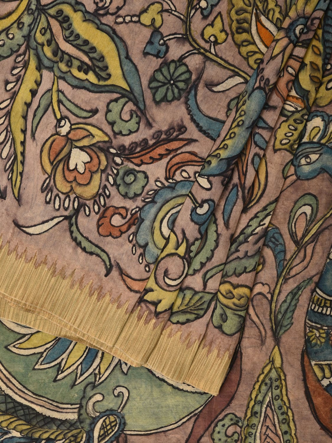 Multicolor Kalamkari Hand Painted Cotton Silk Handloom Saree With Exotic Floral and Peacocks Pallu Design - Global Threads | Grocsy