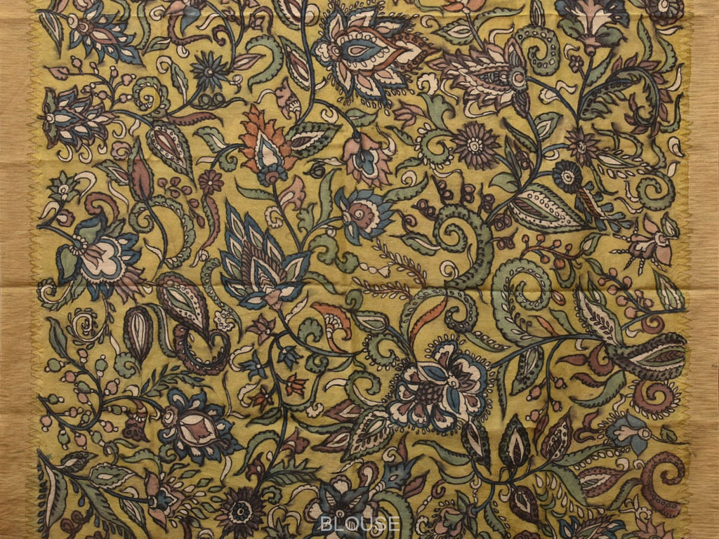 Multicolor Kalamkari Hand Painted Cotton Silk Handloom Saree With Exotic Floral and Peacocks Pallu Design - Global Threads | Grocsy