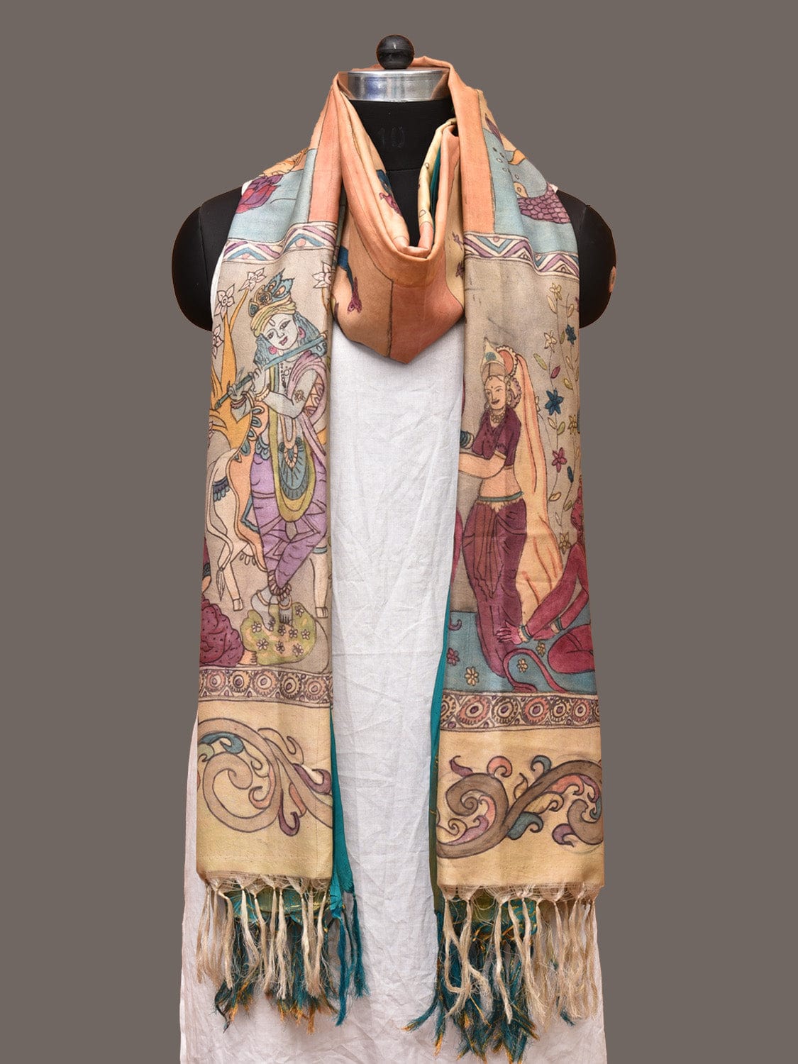 Multicolor Kalamkari Hand Painted Kanchipuram Silk Handloom Dupatta with Dashavatar Design - Global Threads | Grocsy