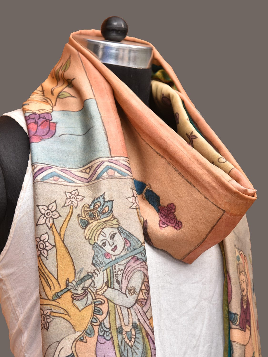 Multicolor Kalamkari Hand Painted Kanchipuram Silk Handloom Dupatta with Dashavatar Design - Global Threads | Grocsy
