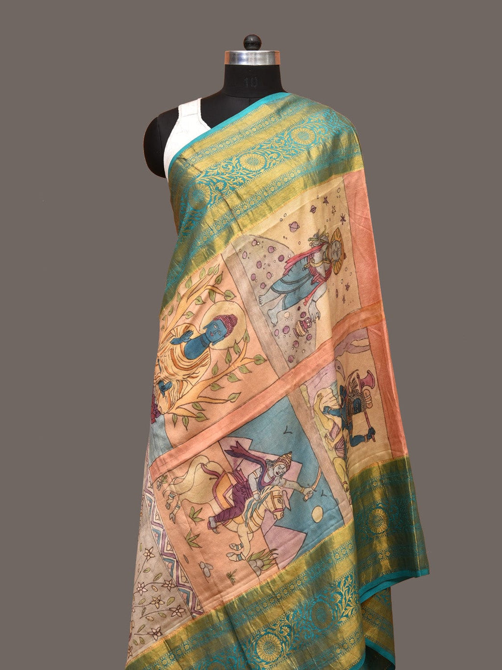 Multicolor Kalamkari Hand Painted Kanchipuram Silk Handloom Dupatta with Dashavatar Design - Global Threads | Grocsy