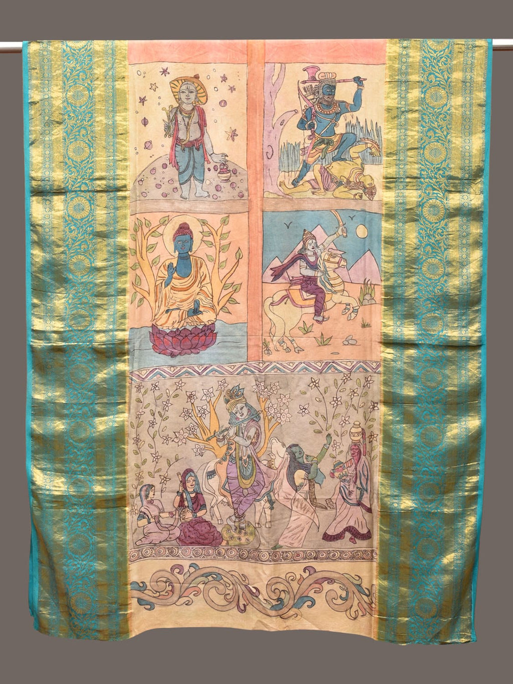 Multicolor Kalamkari Hand Painted Kanchipuram Silk Handloom Dupatta with Dashavatar Design - Global Threads | Grocsy