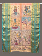 Multicolor Kalamkari Hand Painted Kanchipuram Silk Handloom Dupatta with Dashavatar Design - Global Threads | Grocsy