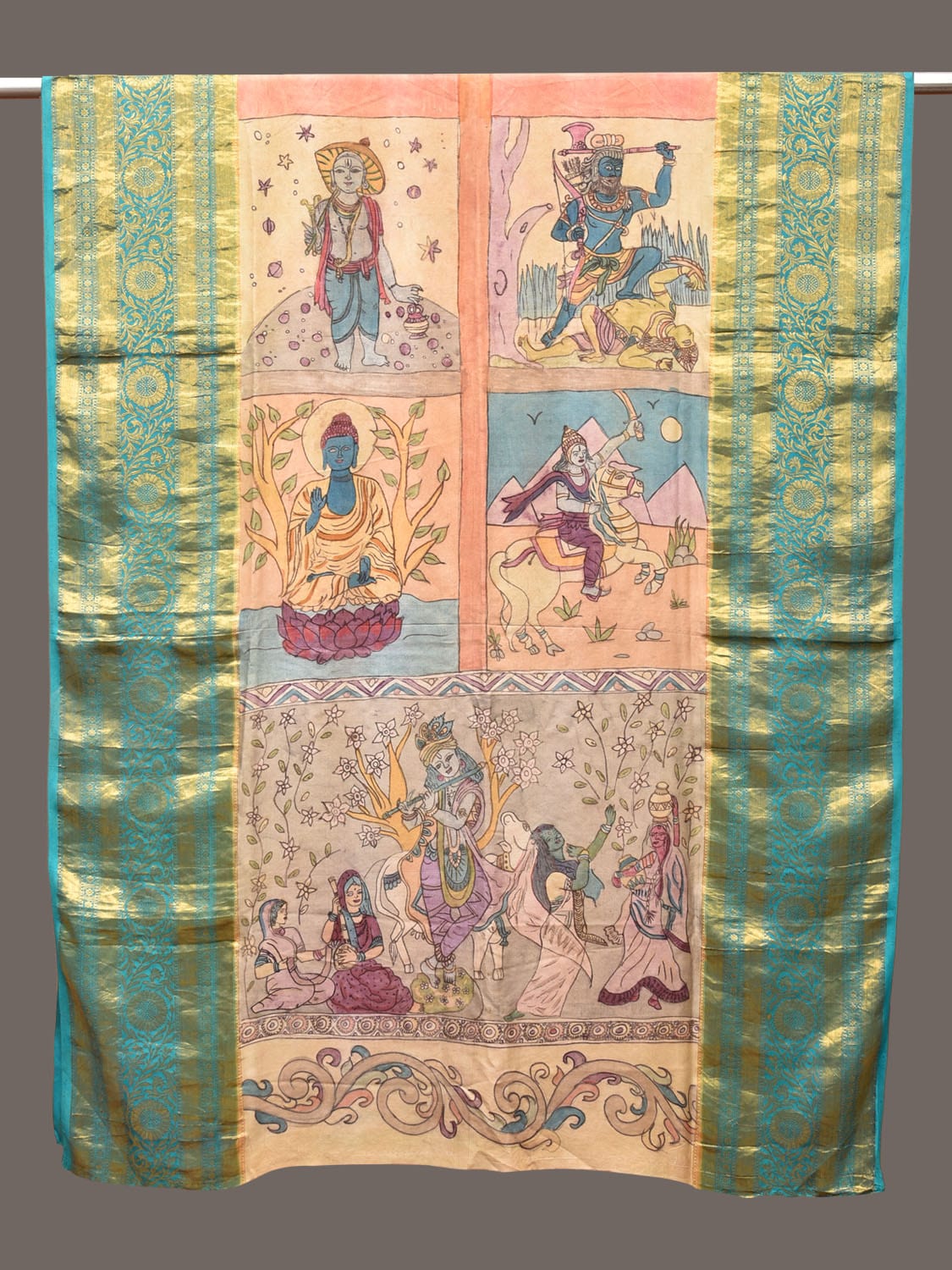 Multicolor Kalamkari Hand Painted Kanchipuram Silk Handloom Dupatta with Dashavatar Design - Global Threads | Grocsy