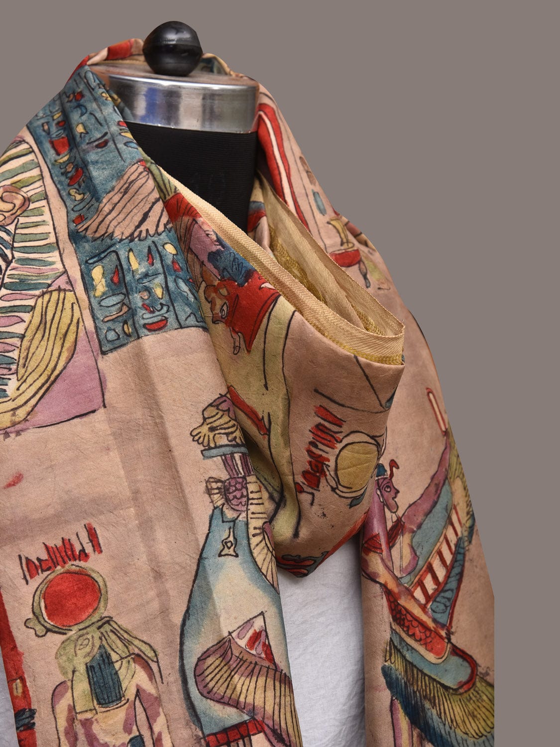 Multicolor Kalamkari Hand Painted Kanchipuram Silk Handloom Dupatta with Egyptian Design - Global Threads | Grocsy