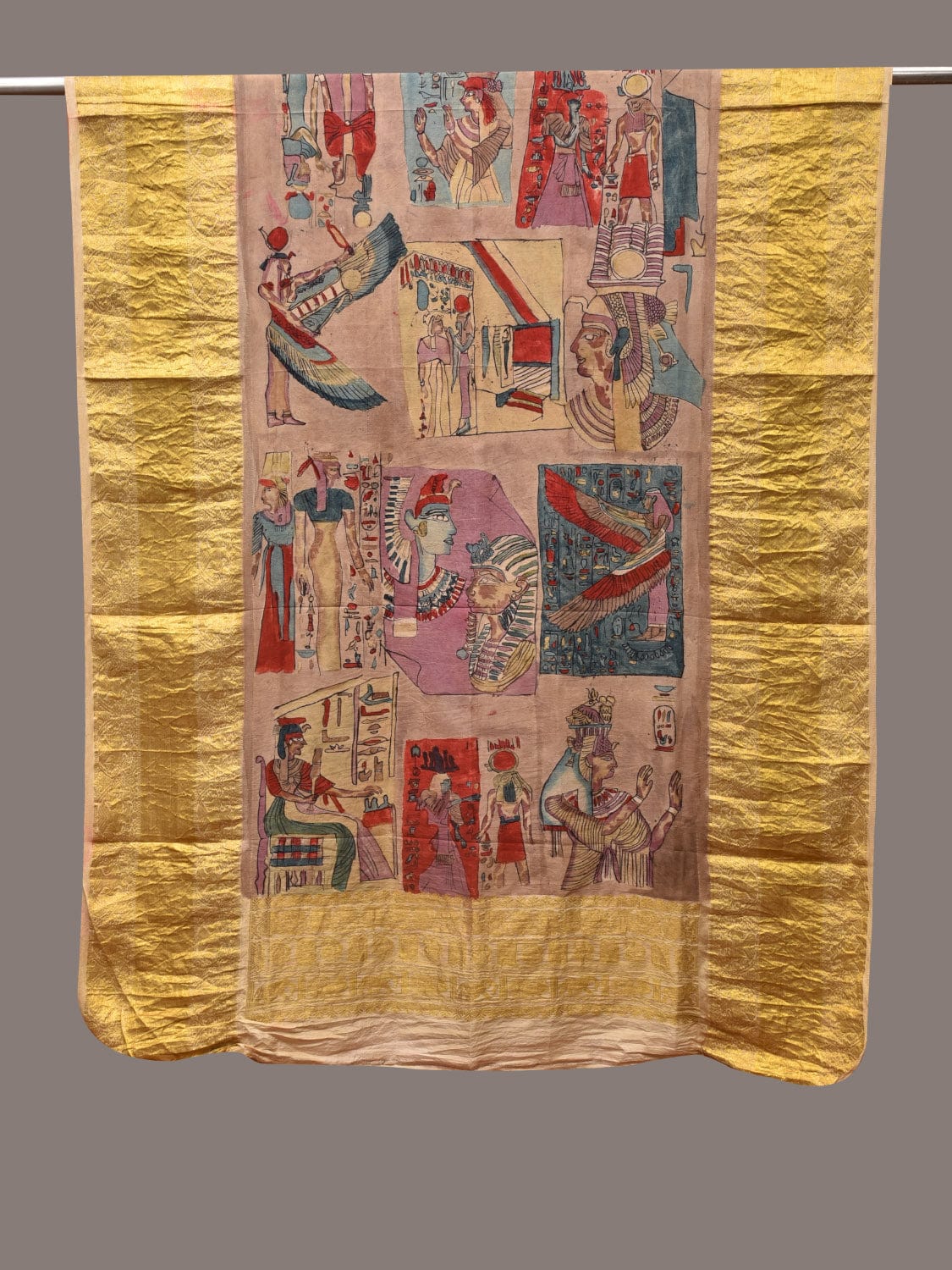 Multicolor Kalamkari Hand Painted Kanchipuram Silk Handloom Dupatta with Egyptian Design - Global Threads | Grocsy