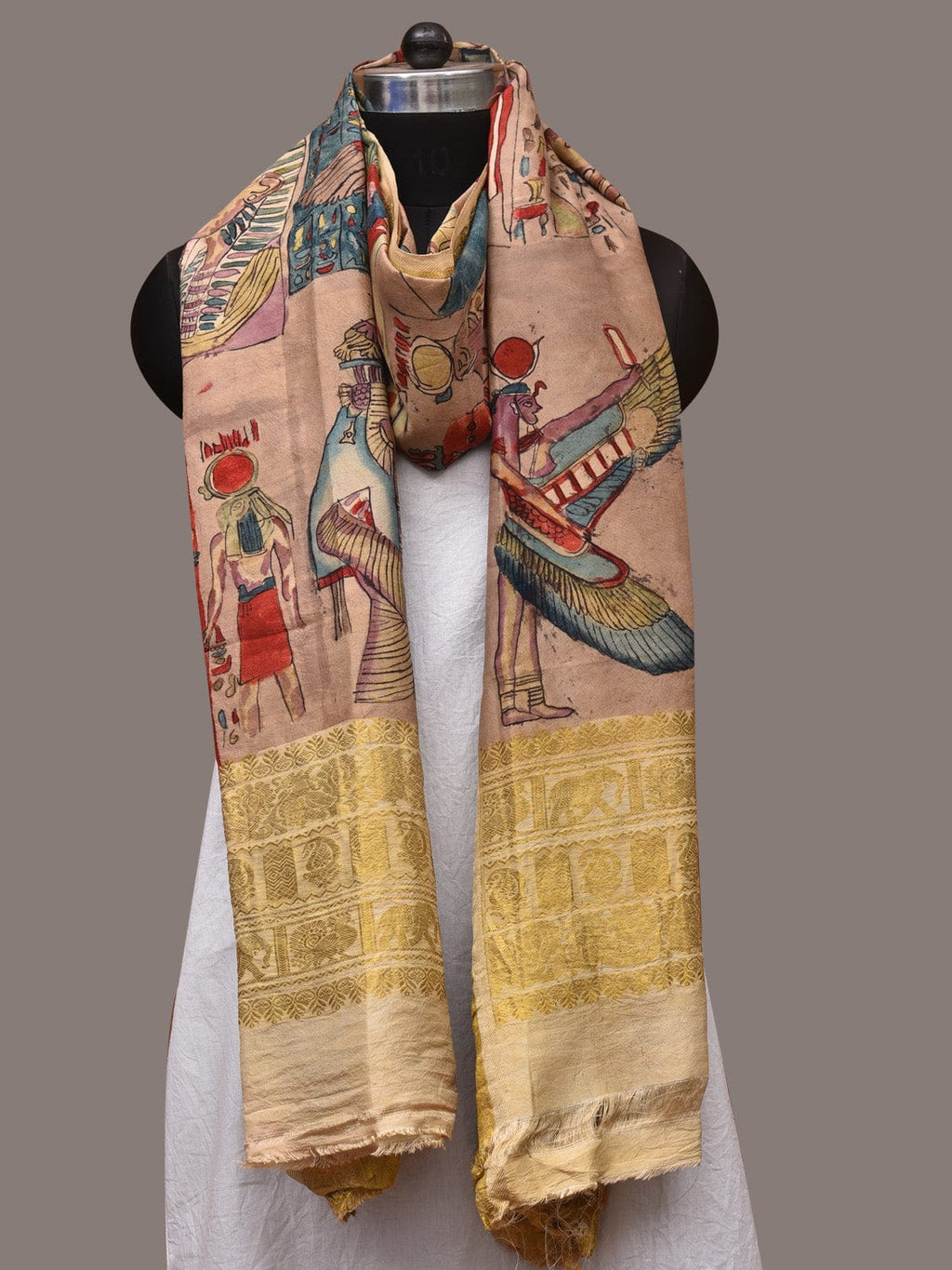 Multicolor Kalamkari Hand Painted Kanchipuram Silk Handloom Dupatta with Egyptian Design - Global Threads | Grocsy