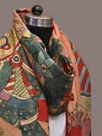 Multicolor Kalamkari Hand Painted Kanchipuram Silk Handloom Dupatta with Krishna Design - Global Threads | Grocsy