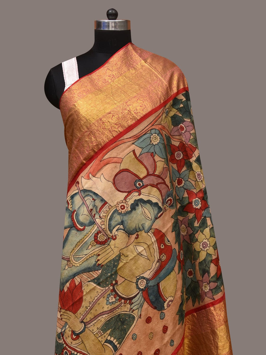 Multicolor Kalamkari Hand Painted Kanchipuram Silk Handloom Dupatta with Krishna Design - Global Threads | Grocsy