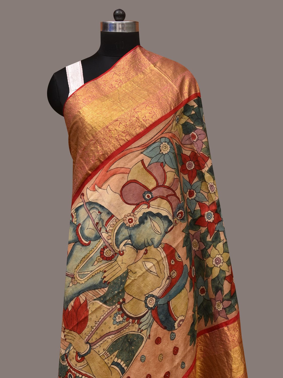 Multicolor Kalamkari Hand Painted Kanchipuram Silk Handloom Dupatta with Krishna Design - Global Threads | Grocsy