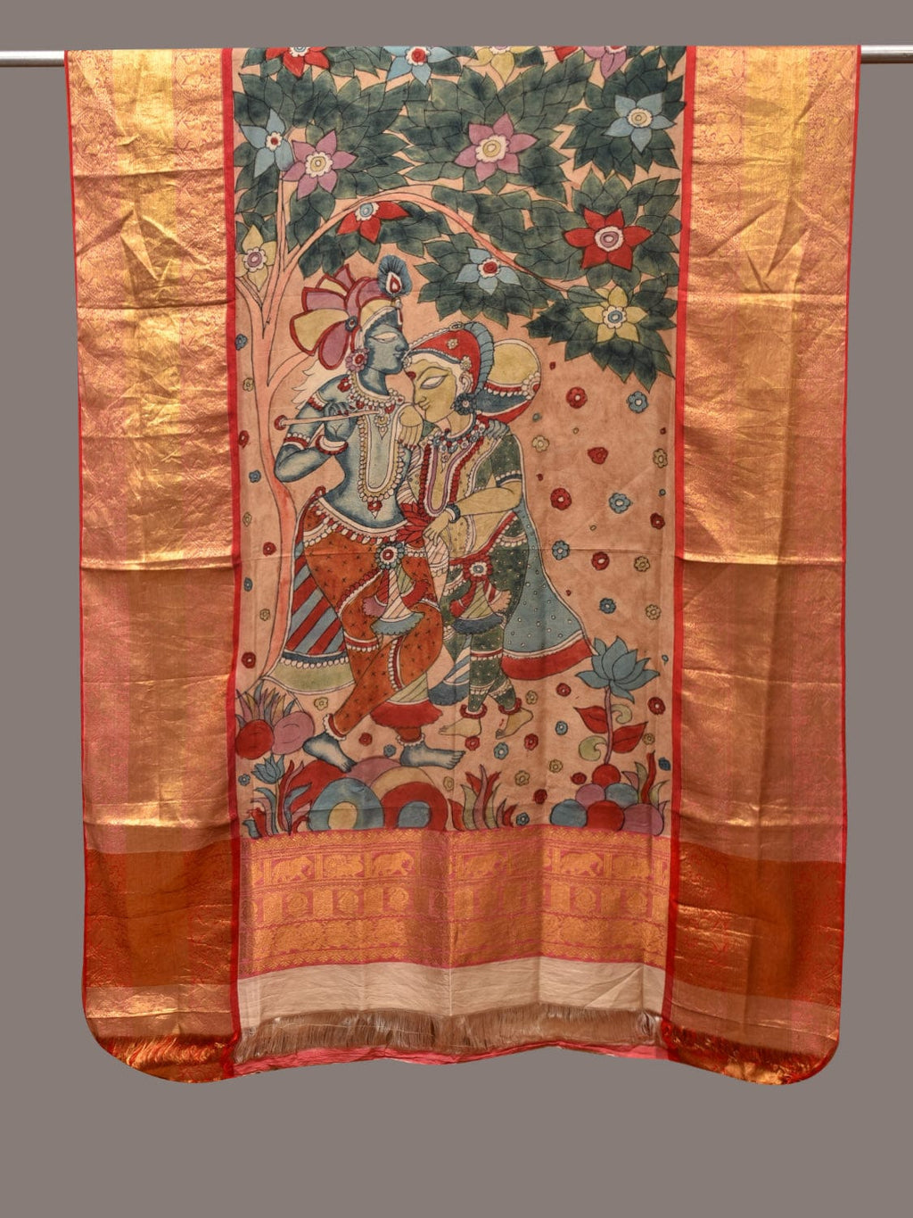 Multicolor Kalamkari Hand Painted Kanchipuram Silk Handloom Dupatta with Krishna Design - Global Threads | Grocsy