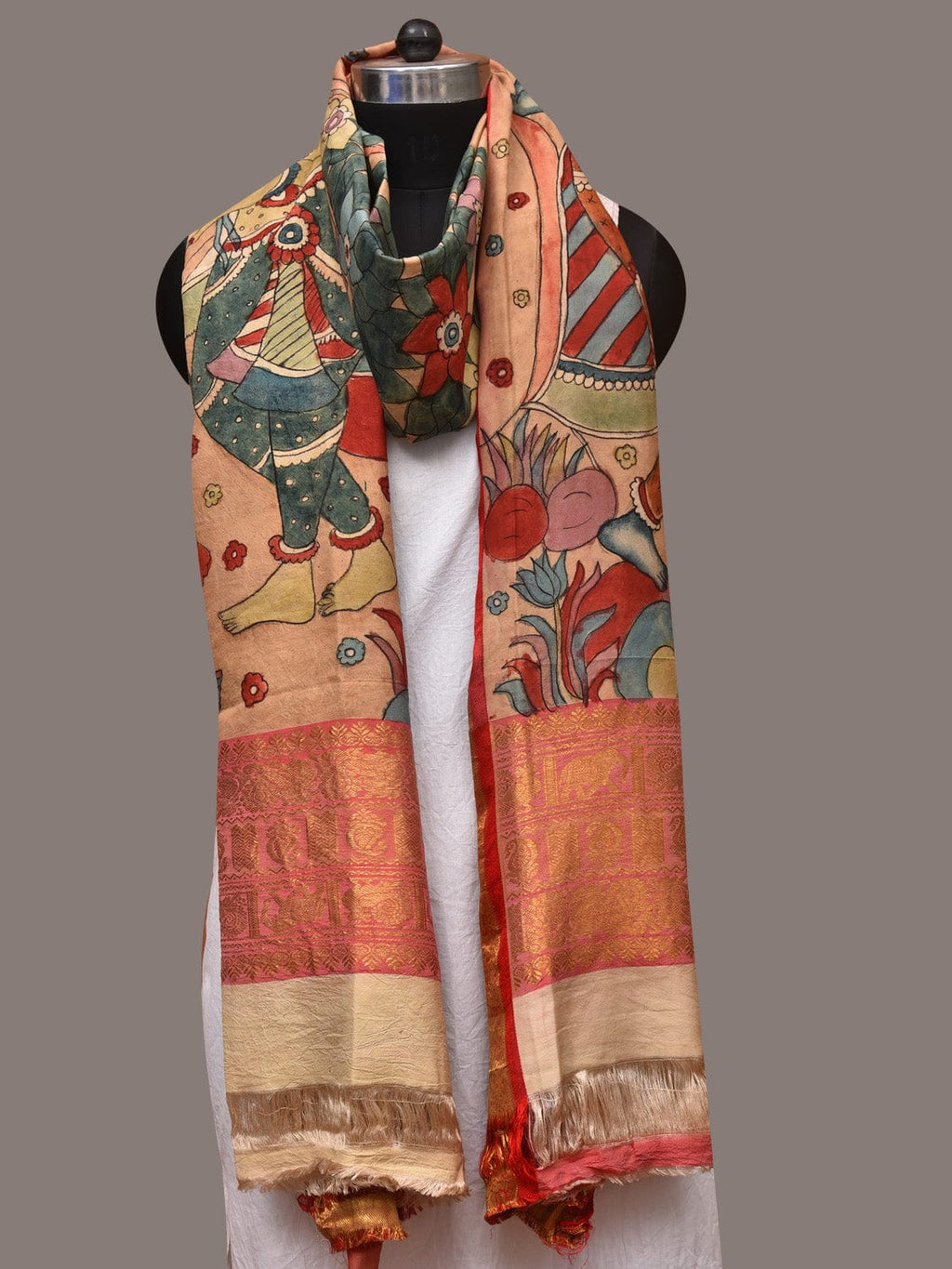Multicolor Kalamkari Hand Painted Kanchipuram Silk Handloom Dupatta with Krishna Design - Global Threads | Grocsy
