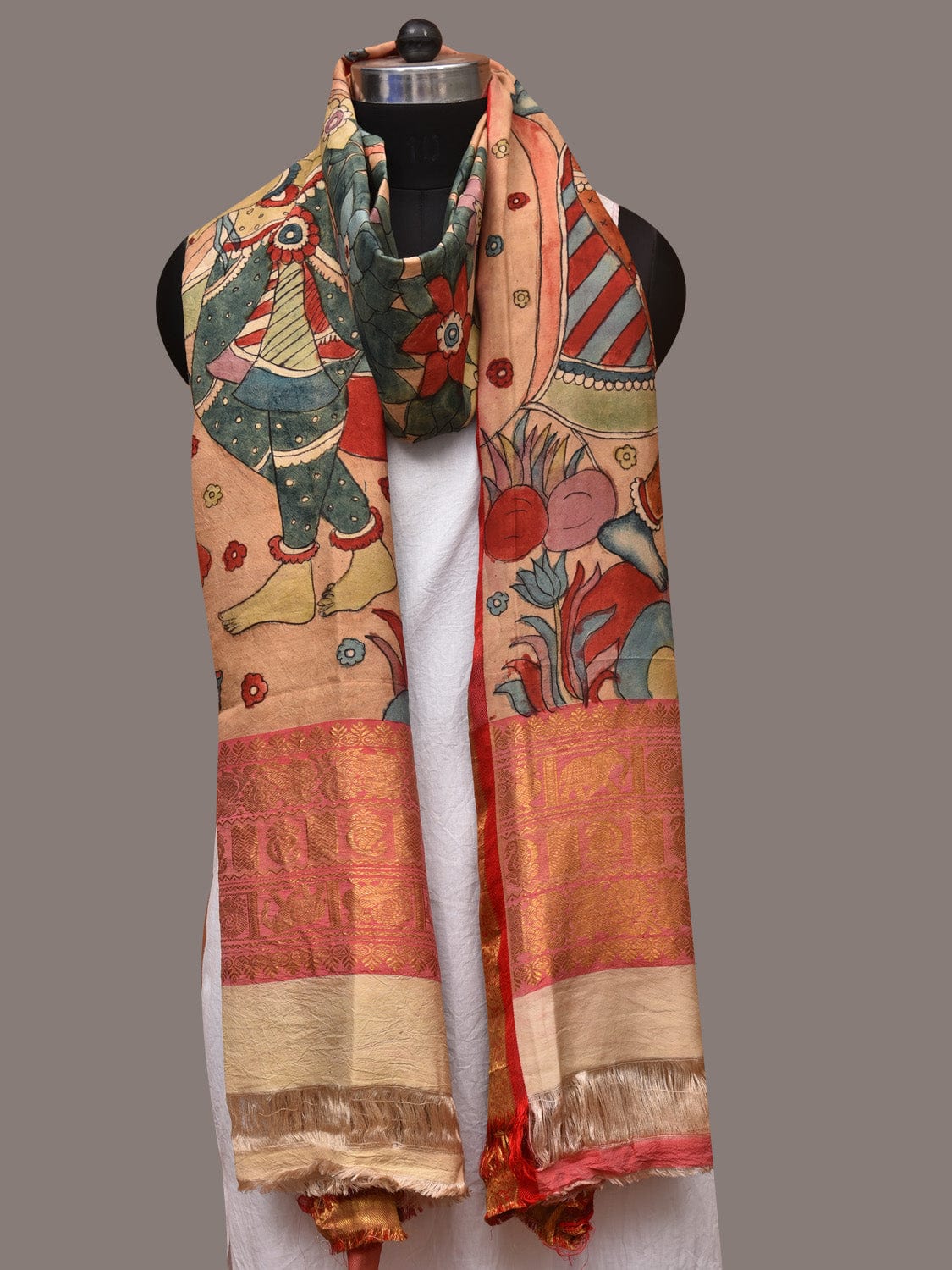 Multicolor Kalamkari Hand Painted Kanchipuram Silk Handloom Dupatta with Krishna Design - Global Threads | Grocsy