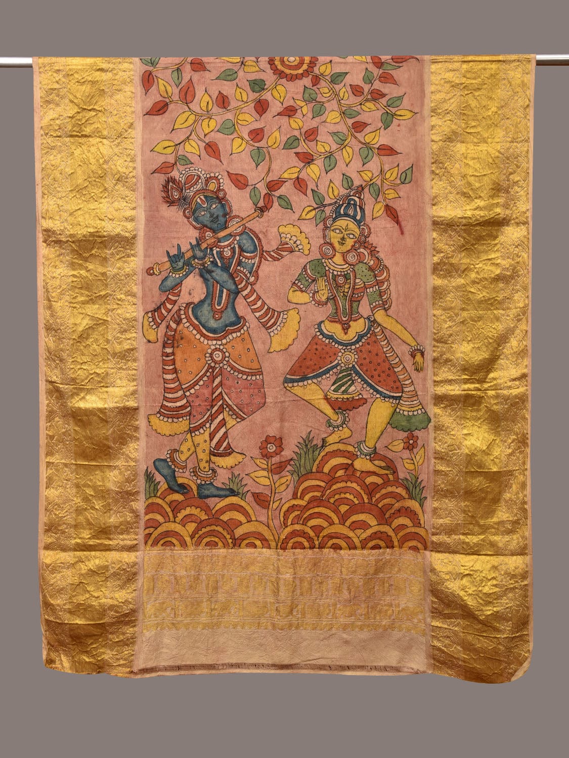 Multicolor Kalamkari Hand Painted Kanchipuram Silk Handloom Dupatta with Krishna Design - Global Threads | Grocsy