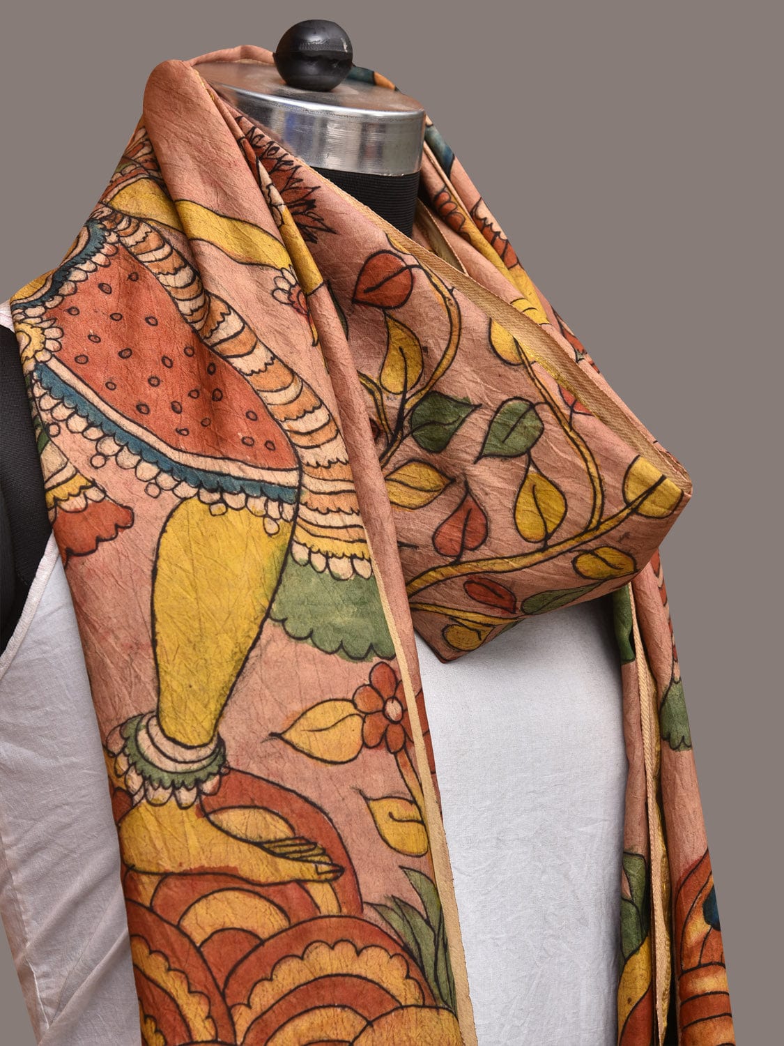 Multicolor Kalamkari Hand Painted Kanchipuram Silk Handloom Dupatta with Krishna Design - Global Threads | Grocsy