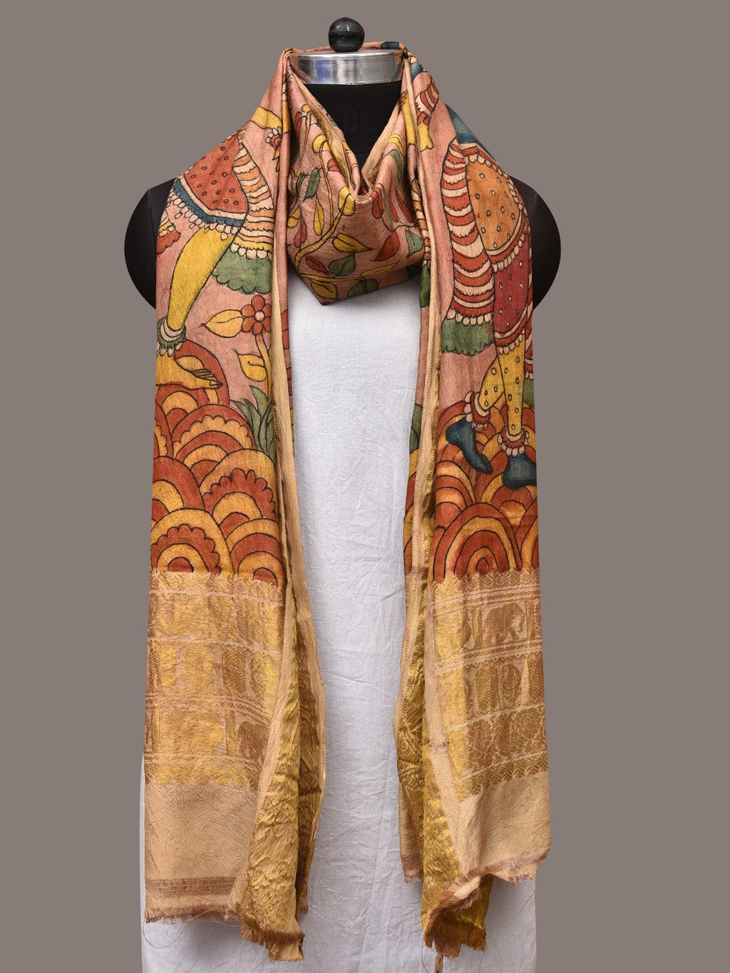 Multicolor Kalamkari Hand Painted Kanchipuram Silk Handloom Dupatta with Krishna Design - Global Threads | Grocsy