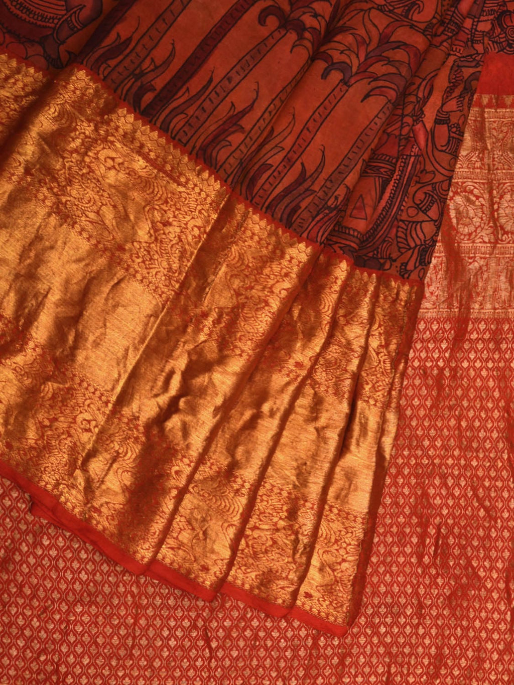 Multicolor Kalamkari Hand Painted Kanchipuram Silk Handloom Saree with Ramayana Design - Global Threads | Grocsy