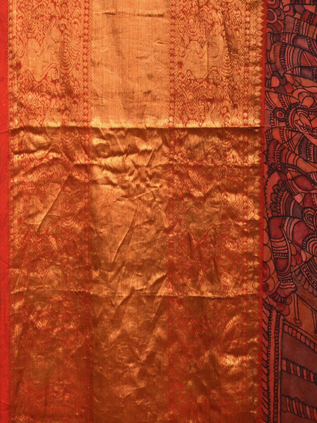 Multicolor Kalamkari Hand Painted Kanchipuram Silk Handloom Saree with Ramayana Design - Global Threads | Grocsy