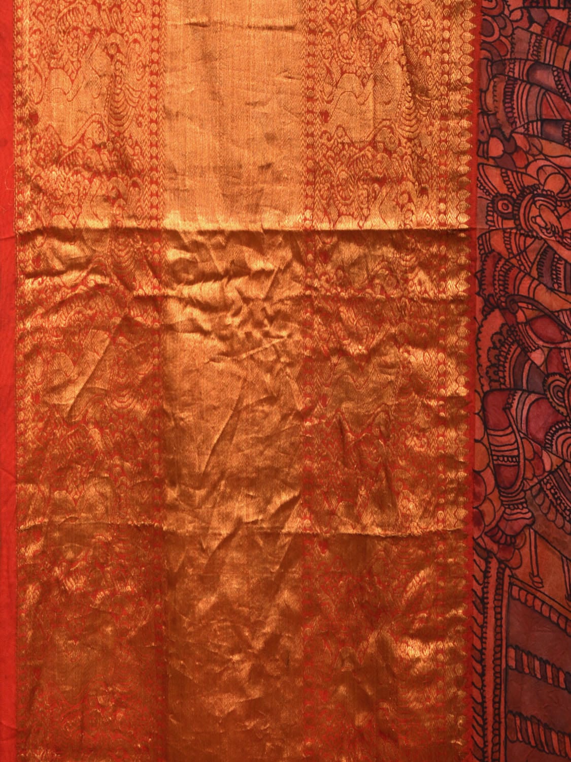 Multicolor Kalamkari Hand Painted Kanchipuram Silk Handloom Saree with Ramayana Design - Global Threads | Grocsy