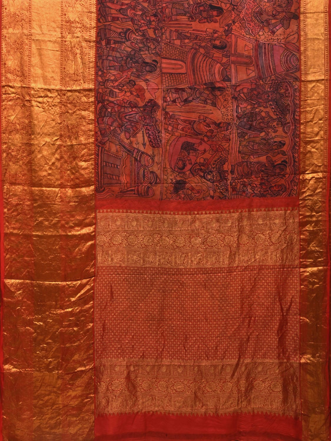 Multicolor Kalamkari Hand Painted Kanchipuram Silk Handloom Saree with Ramayana Design - Global Threads | Grocsy