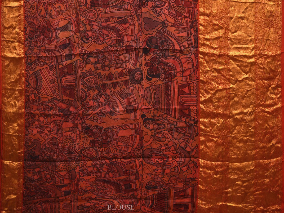Multicolor Kalamkari Hand Painted Kanchipuram Silk Handloom Saree with Ramayana Design - Global Threads | Grocsy