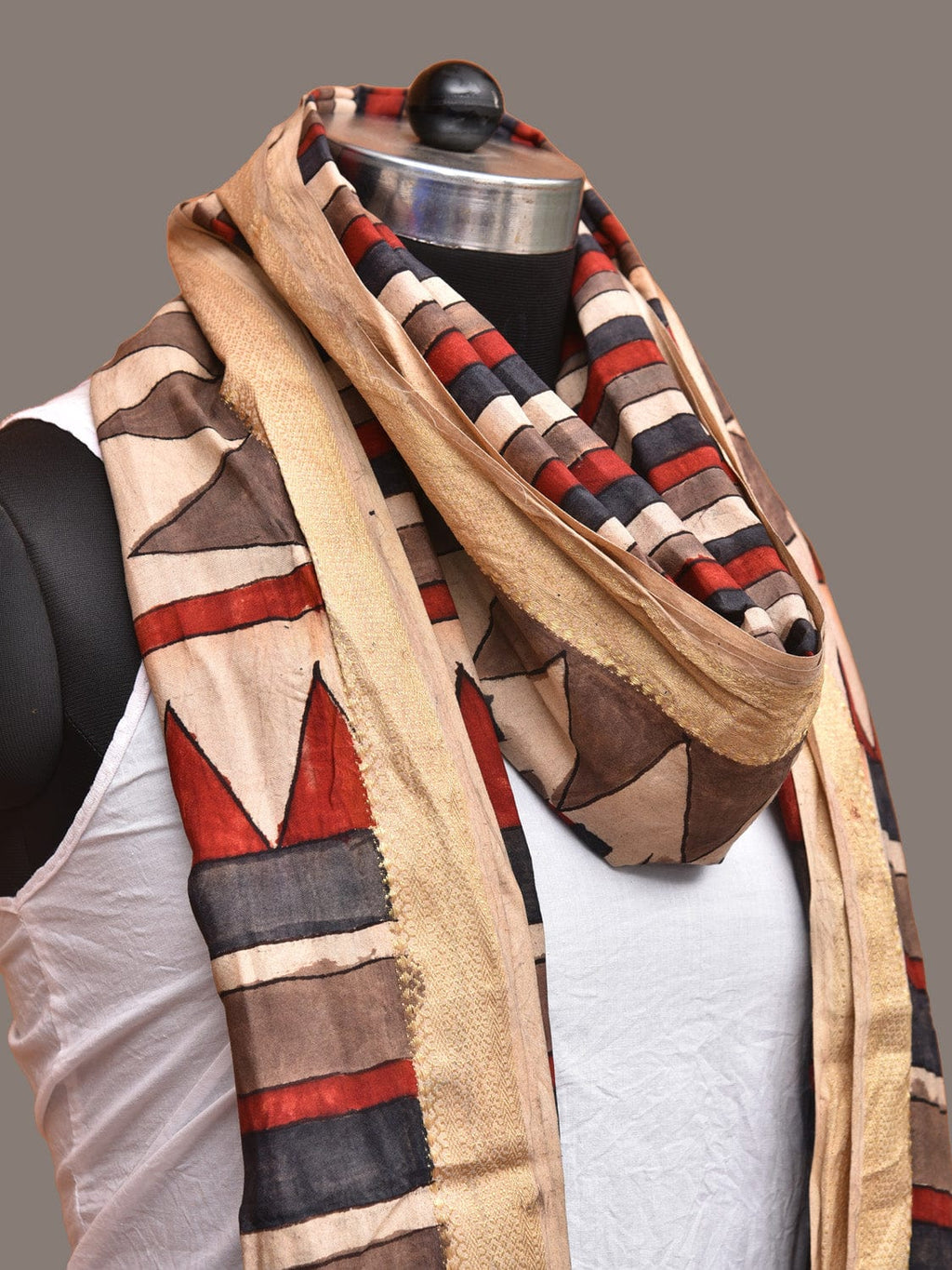 Multicolor Kalamkari Hand Painted Sico Handloom Dupatta with Strips Design - Global Threads | Grocsy