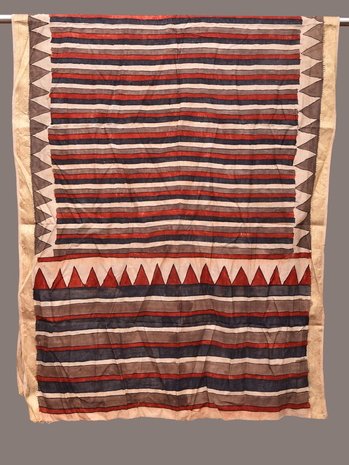 Multicolor Kalamkari Hand Painted Sico Handloom Dupatta with Strips Design - Global Threads | Grocsy